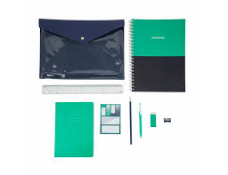 9PC Notebook & Stationery Set - Green, Blue, White